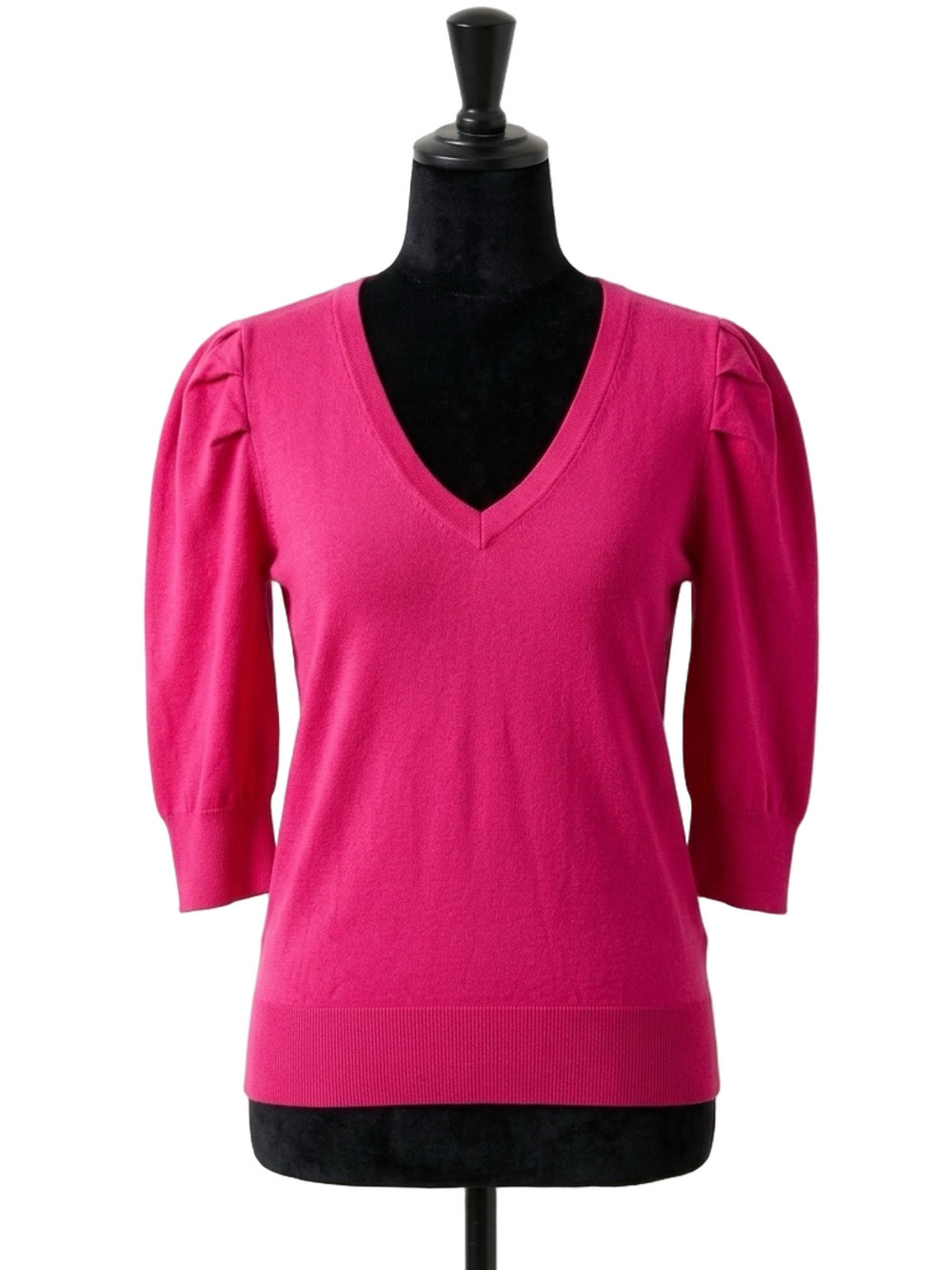 DKNY Pleated Puffed Elbow-Length Sleeve V-Neck Knit Top Pink Size Large